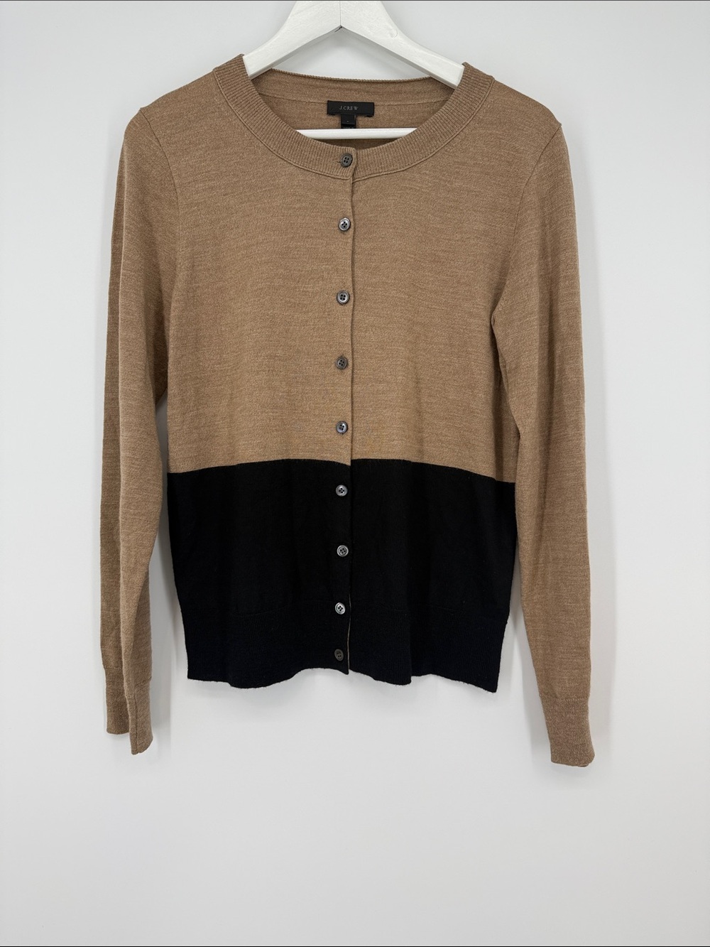 J Crew Colourblock Tan/Black Merino Wool Cardigan